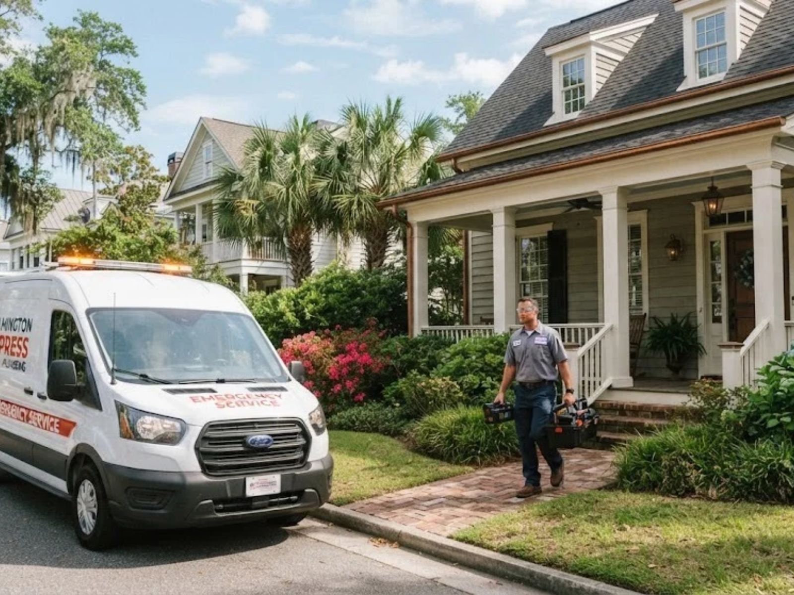 Wilmington Express Plumbing van and technician arriving at a Wilmington, NC home